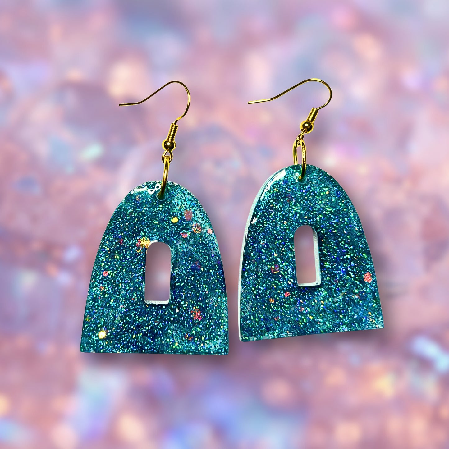 "Love Love" Iridescent Glitter Aqua and Teal Resin Earrings