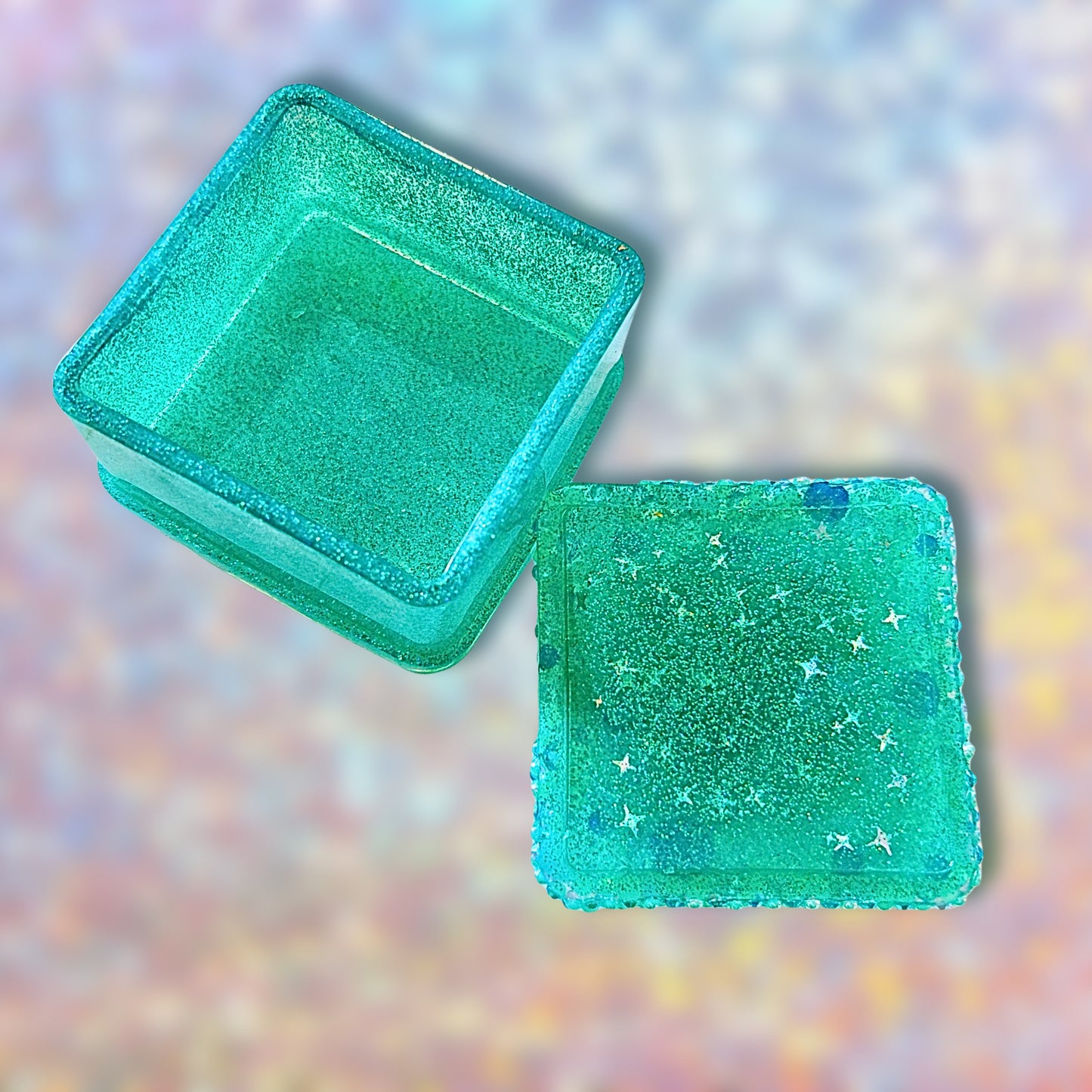 "Happiness" Glittery Aqua and Teal Resin Jewelry Box Covered with Pearls and Rhinestones