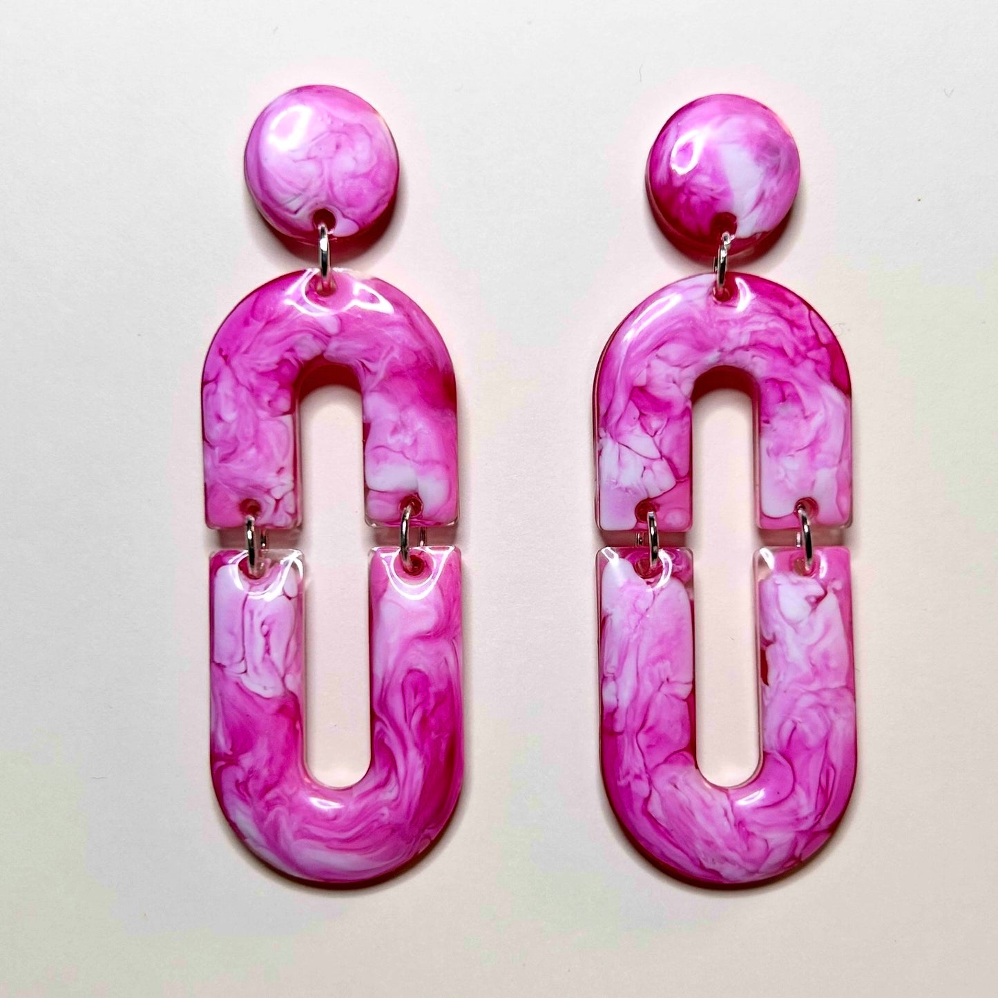 "Marbled Fuchsia" Marbled fuchsia, pink and white resin earrings