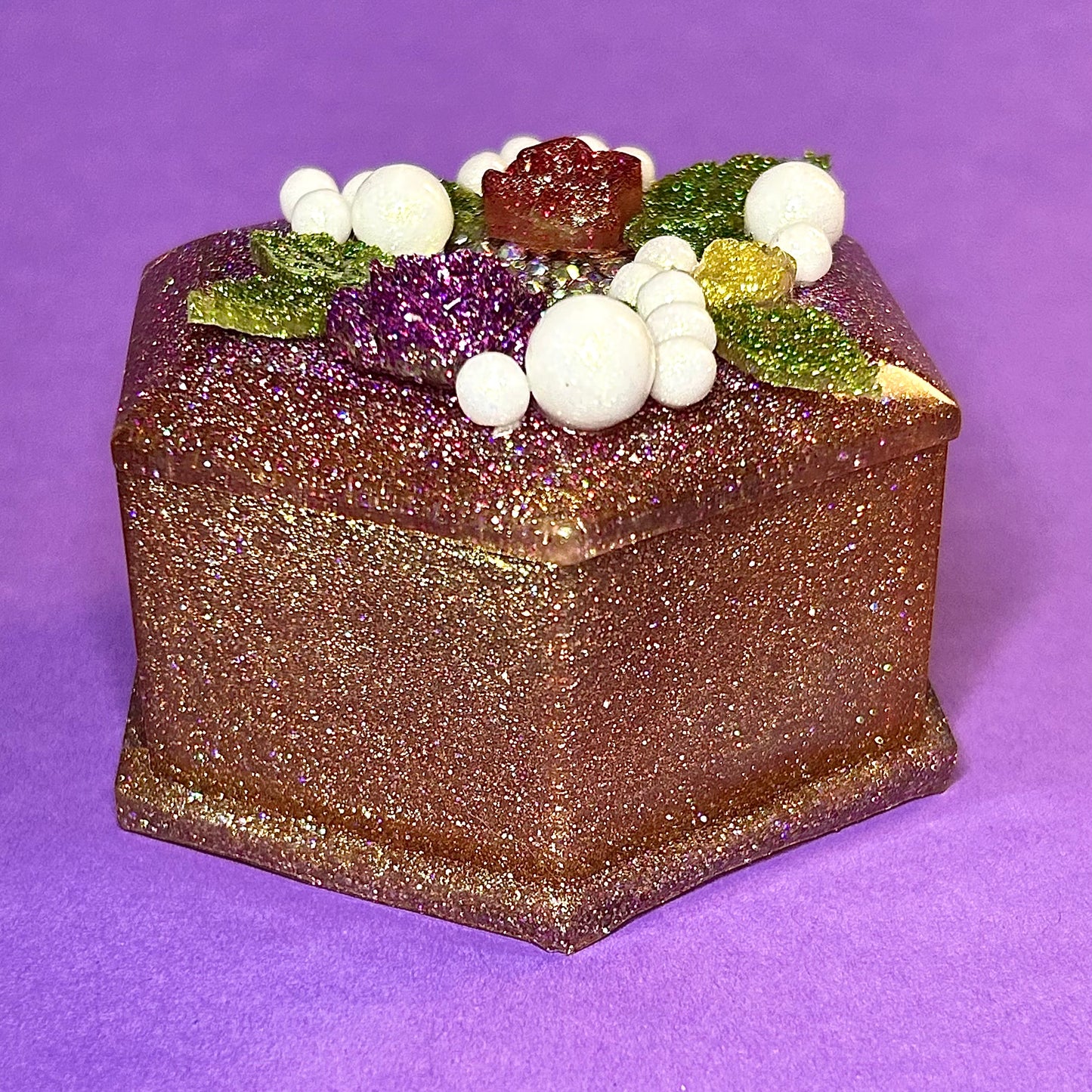 "La boîte de Marie (Marie's Box)" Glittery/Sparkly Resin Jewelry Box With Roses, Pearls and Rhinestones