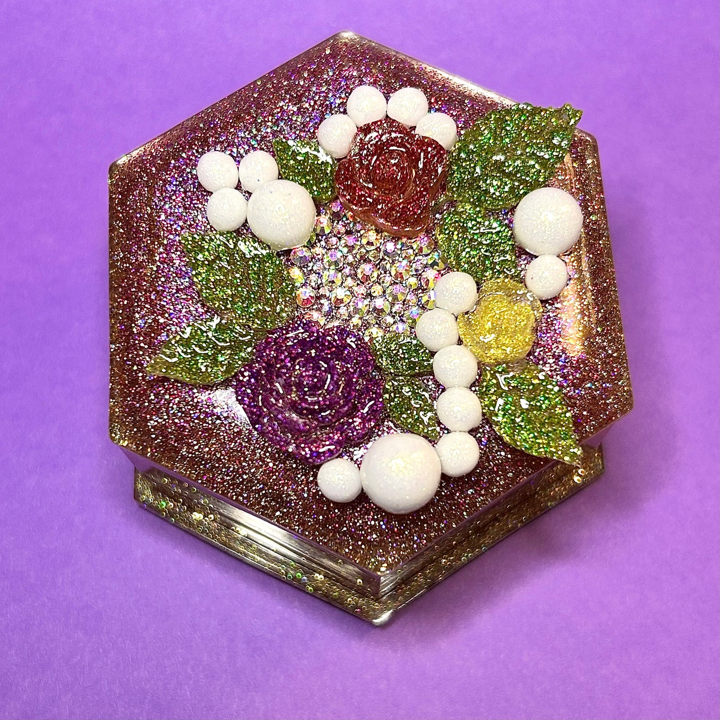 "La boîte de Marie (Marie's Box)" Glittery/Sparkly Resin Jewelry Box With Roses, Pearls and Rhinestones