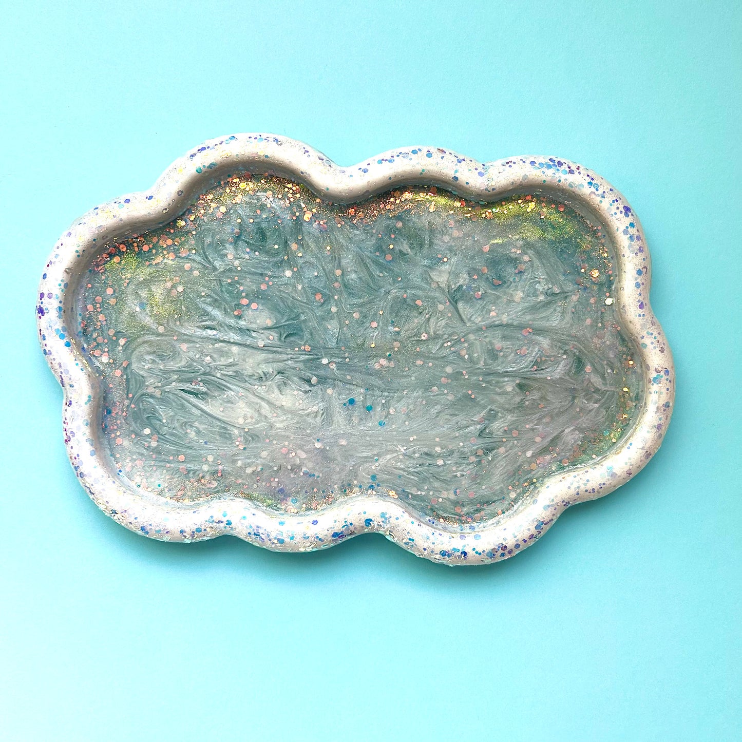"Rainy Day Tray" Pearlescent White and Glitter Blue Swirl Cloud Resin Tray