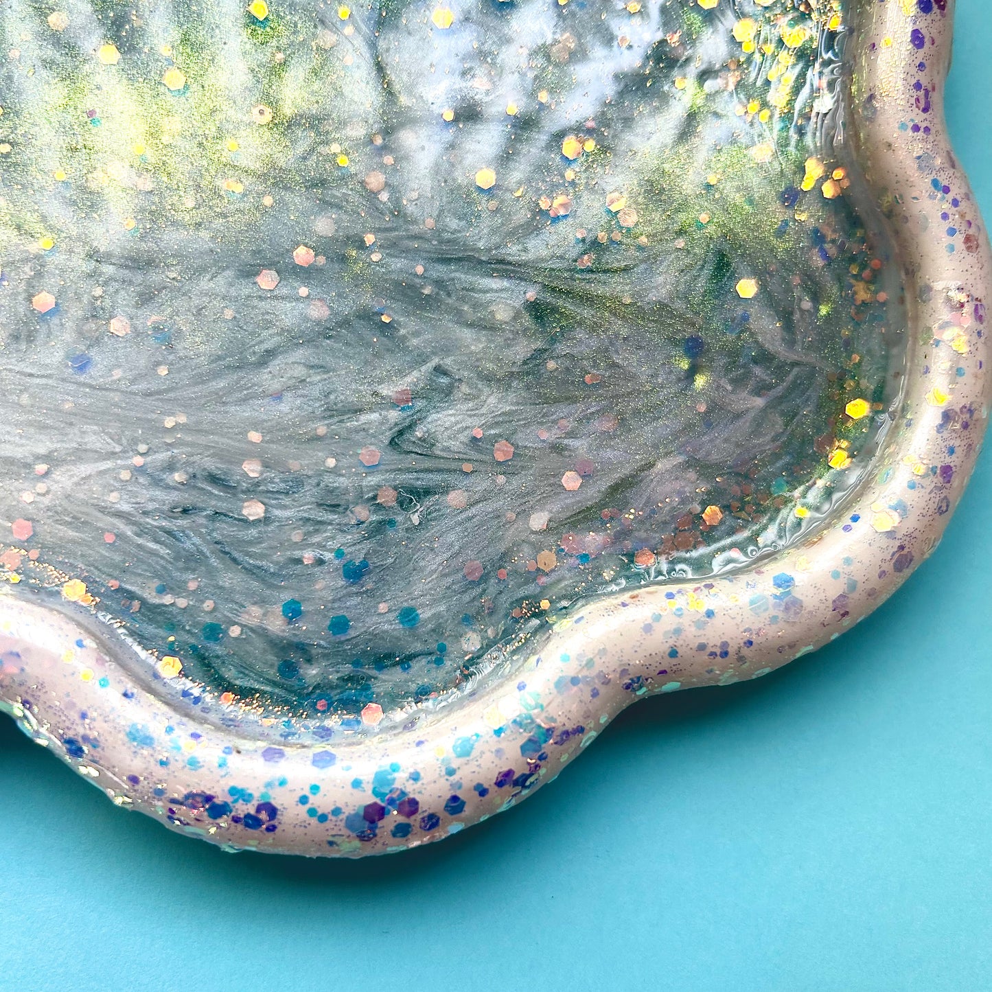 "Rainy Day Tray" Pearlescent White and Glitter Blue Swirl Cloud Resin Tray