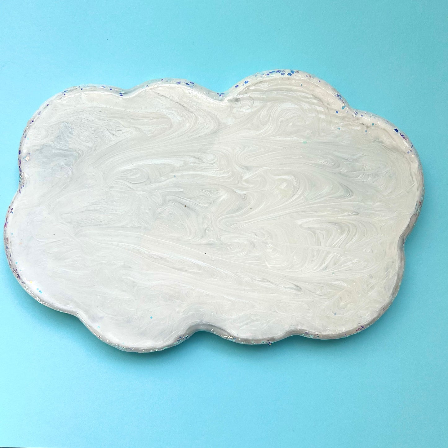 "Rainy Day Tray" Pearlescent White and Glitter Blue Swirl Cloud Resin Tray