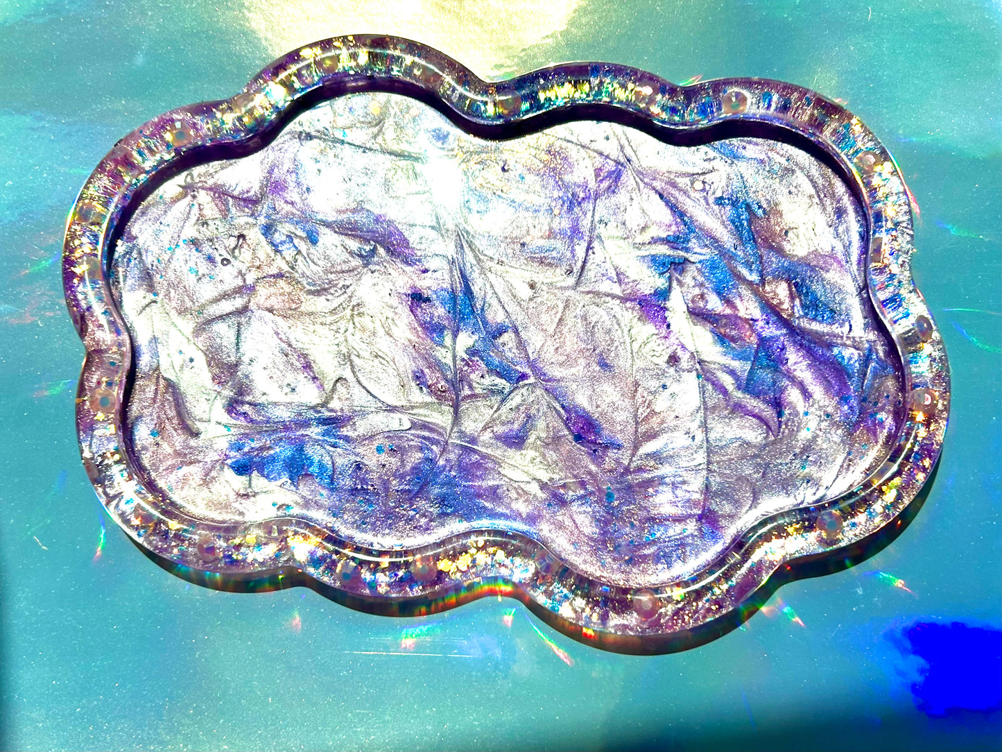 "Lavender Day Tray" Pearlescent Lavender, Violet and Periwinkle Swirl, Rhinestone Glitter Cloud Resin Tray