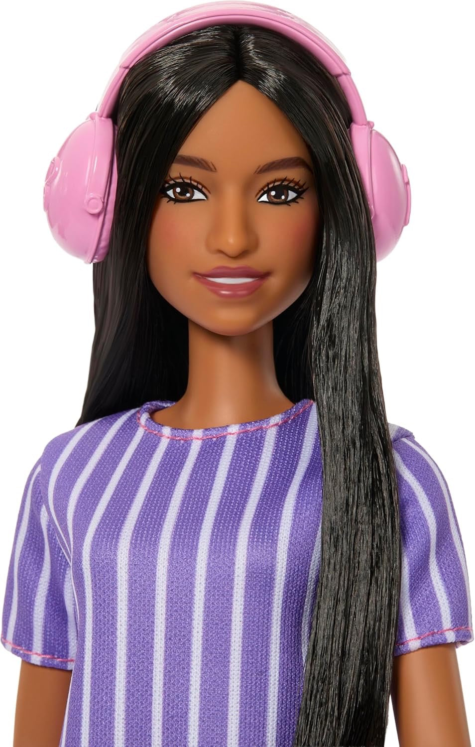 “Barbie© Fashionistas Doll #245, Autistic Doll Wearing Purple Striped Dress with Accessories Like Fidget Spinner, Tablet and Headphones" - New in Box.
