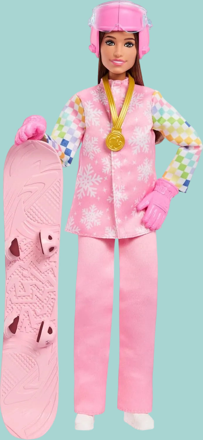 “Barbie© Careers Snowboarder Doll Wearing Pink Snow Jacket, Pants & Boots with 10+ Accessories Including Color-Change Snowboard" - New in Box.