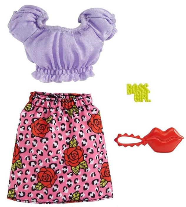 “Barbie© Lilac Top with Pink Skirt & Accessories Fashion Pack” Lilac Top with Pink Skirt , Red Lips Bag and Yellow "Boss Girl" Necklace/Accessory - New