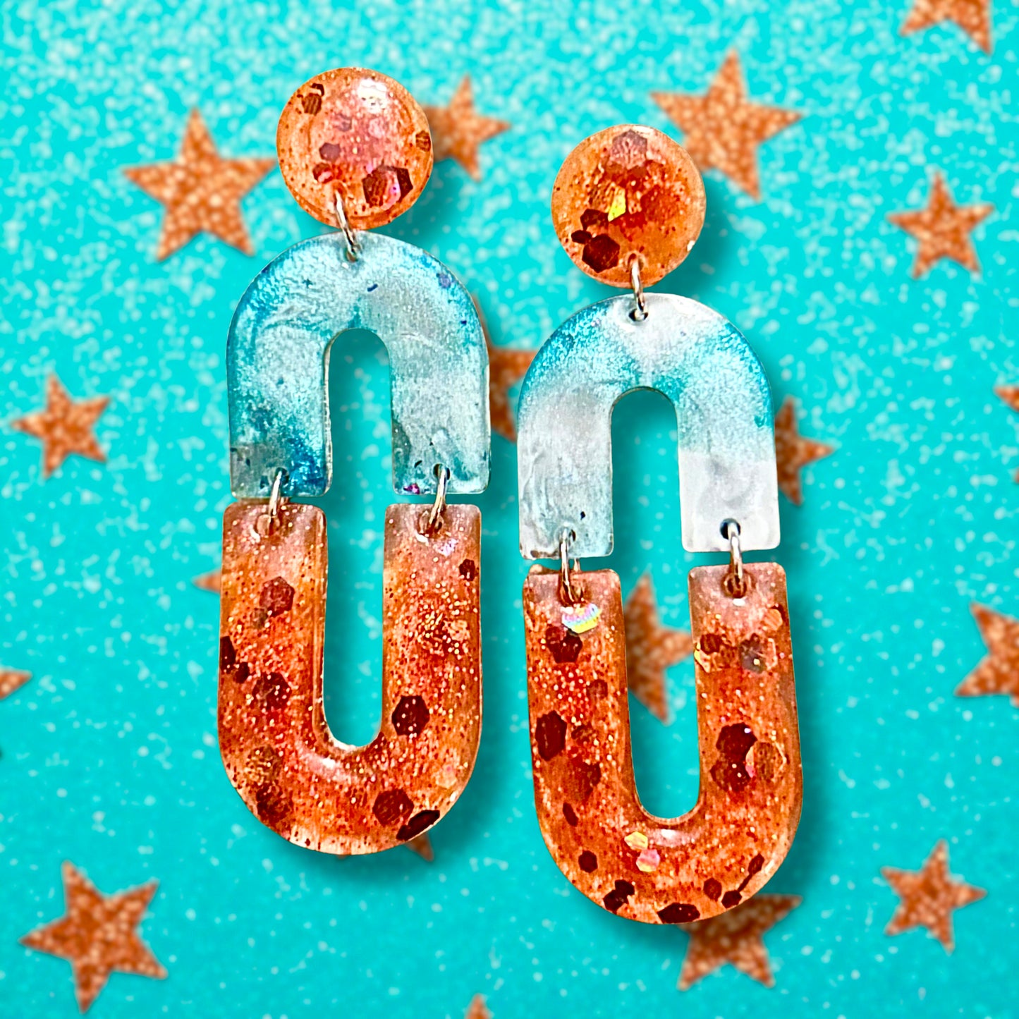 "Nothing But Compliments #1" Orange Glitter and Marbled Aqua/Teal Resin Earrings