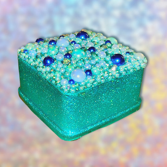 "Happiness" Glittery Aqua and Teal Resin Jewelry Box Covered with Pearls and Rhinestones
