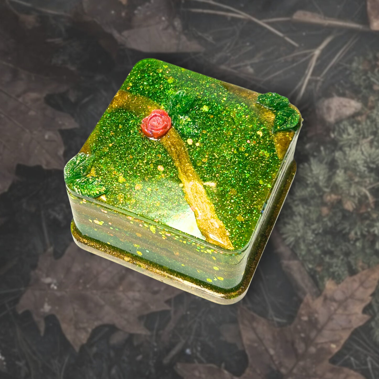 "Storybook"  Glittery/Sparkly Resin Jewelry Box With Glowing Golden Stripe and Rose and Leaf Embellishments