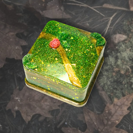 "Storybook"  Glittery/Sparkly Resin Jewelry Box With Glowing Golden Stripe and Rose and Leaf Embellishments