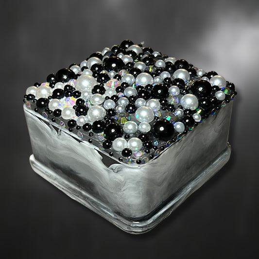"Functioning" Glittery Black, Gray and White and Clear Marbled Resin Jewelry Box Covered with Pearls and Rhinestones