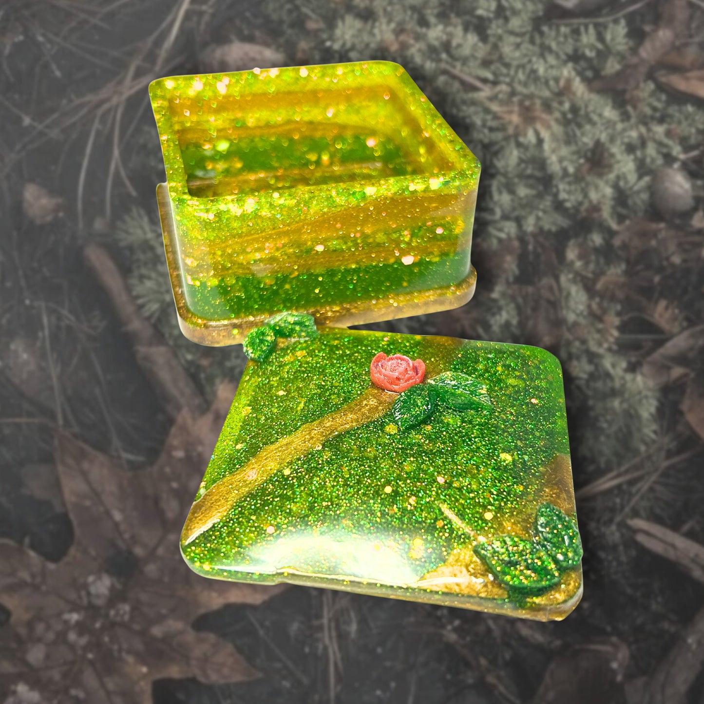 "Storybook"  Glittery/Sparkly Resin Jewelry Box With Glowing Golden Stripe and Rose and Leaf Embellishments