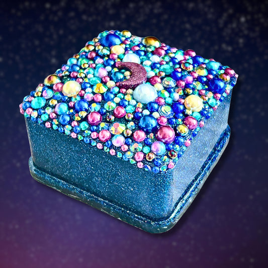 "Glitch" Glittery Dark Blue and Purple Moon and Stars Resin Jewelry Box Covered with Pearls and Rhinestones