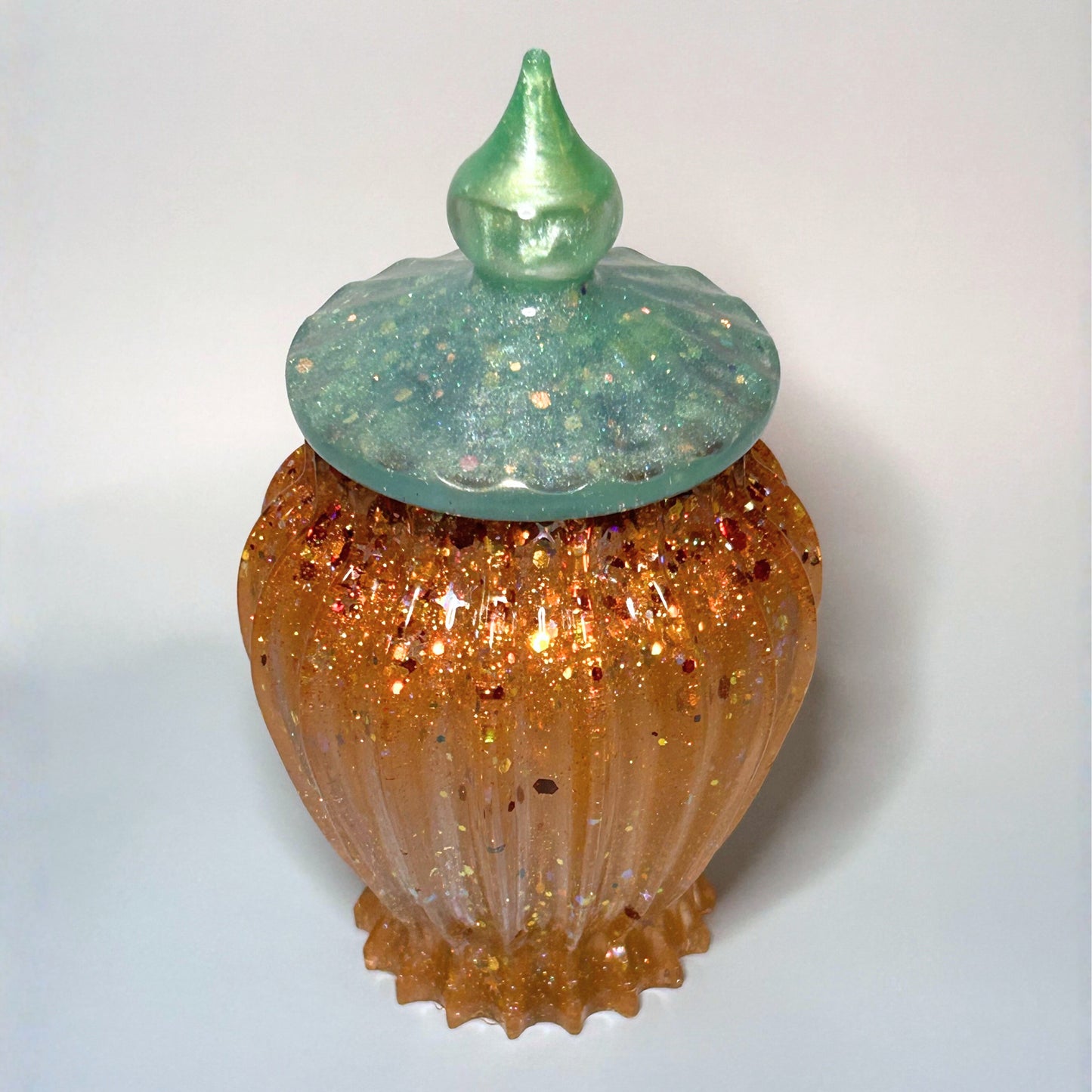 "Showbiz Jar"  Glittery/Sparkly, Orange/Aqua Resin Decorative Jar