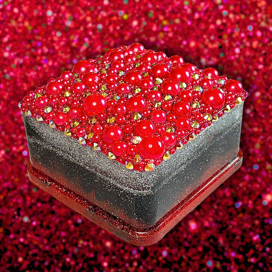 "Nothing New" Glittery Red, Silver, Black and Clear Layered Resin Jewelry Box Covered with Red Pearls and Rhinestones