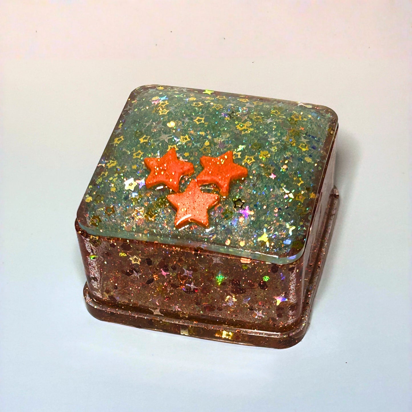 Showbox"  Glittery/Sparkly Resin Jewelry Box With Orange Glitter and  Stars