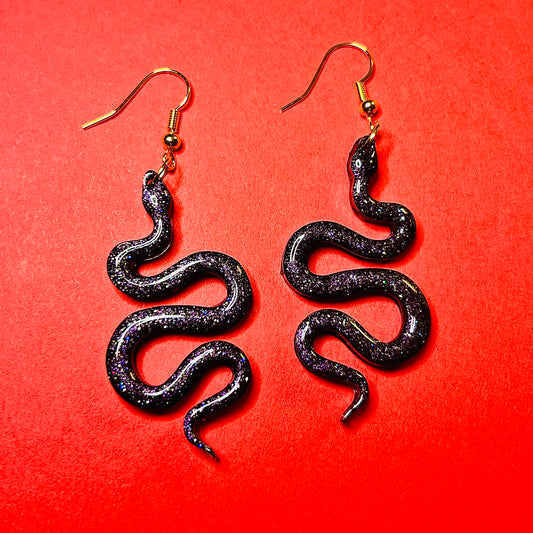 "Midnight Serpents"   Black multicolored glitter snake resin earrings