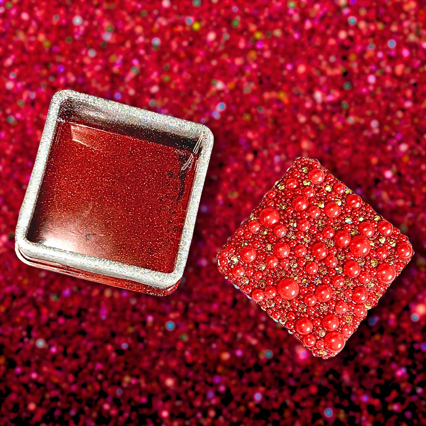 "Nothing New" Glittery Red, Silver, Black and Clear Layered Resin Jewelry Box Covered with Red Pearls and Rhinestones