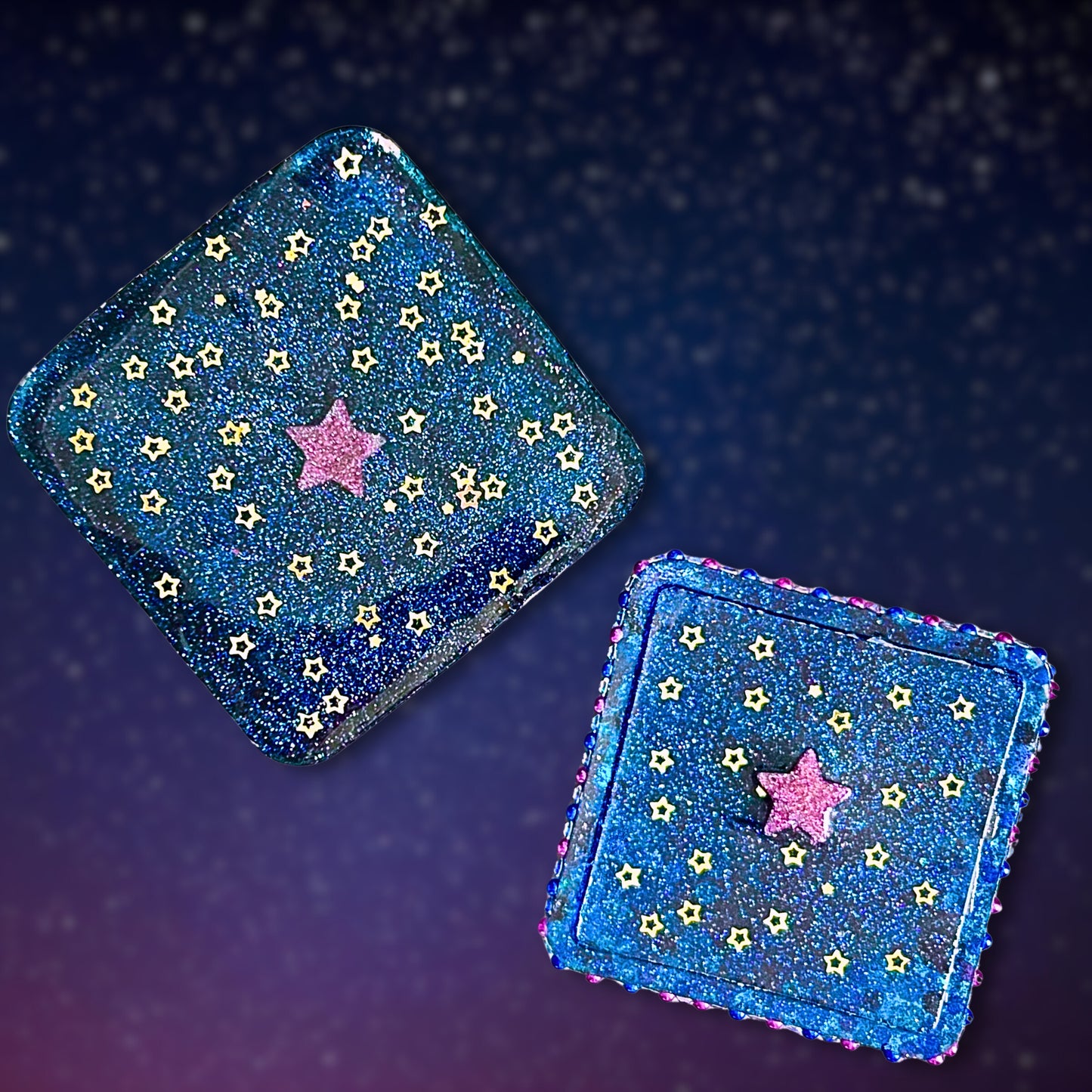 "Glitch" Glittery Dark Blue and Purple Moon and Stars Resin Jewelry Box Covered with Pearls and Rhinestones
