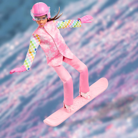 “Barbie© Careers Snowboarder Doll Wearing Pink Snow Jacket, Pants & Boots with 10+ Accessories Including Color-Change Snowboard" - New in Box.
