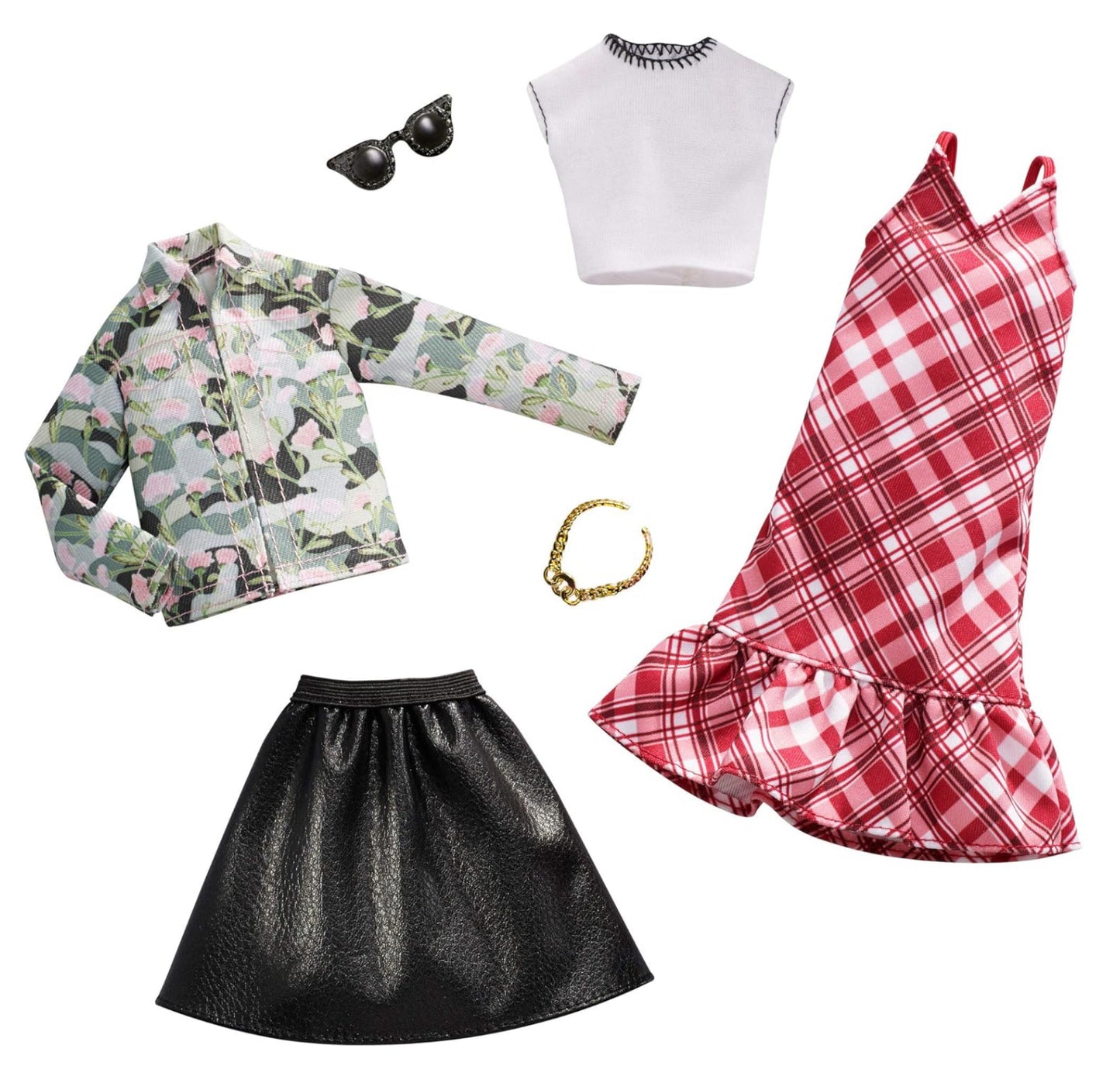 “Barbie™ Floral and Plaid Fashion Pack”  Floral Denim Jacket, White T-Shirt, Plaid Dress, Leathery Black Skirt with Black and Gold Sunglasses and a Gold Necklace