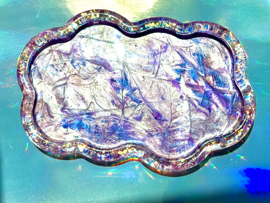 "Lavender Day Tray"  Pearlescent Lavender, Violet and Periwinkle Swirl, Rhinestone Glitter Cloud Resin Tray