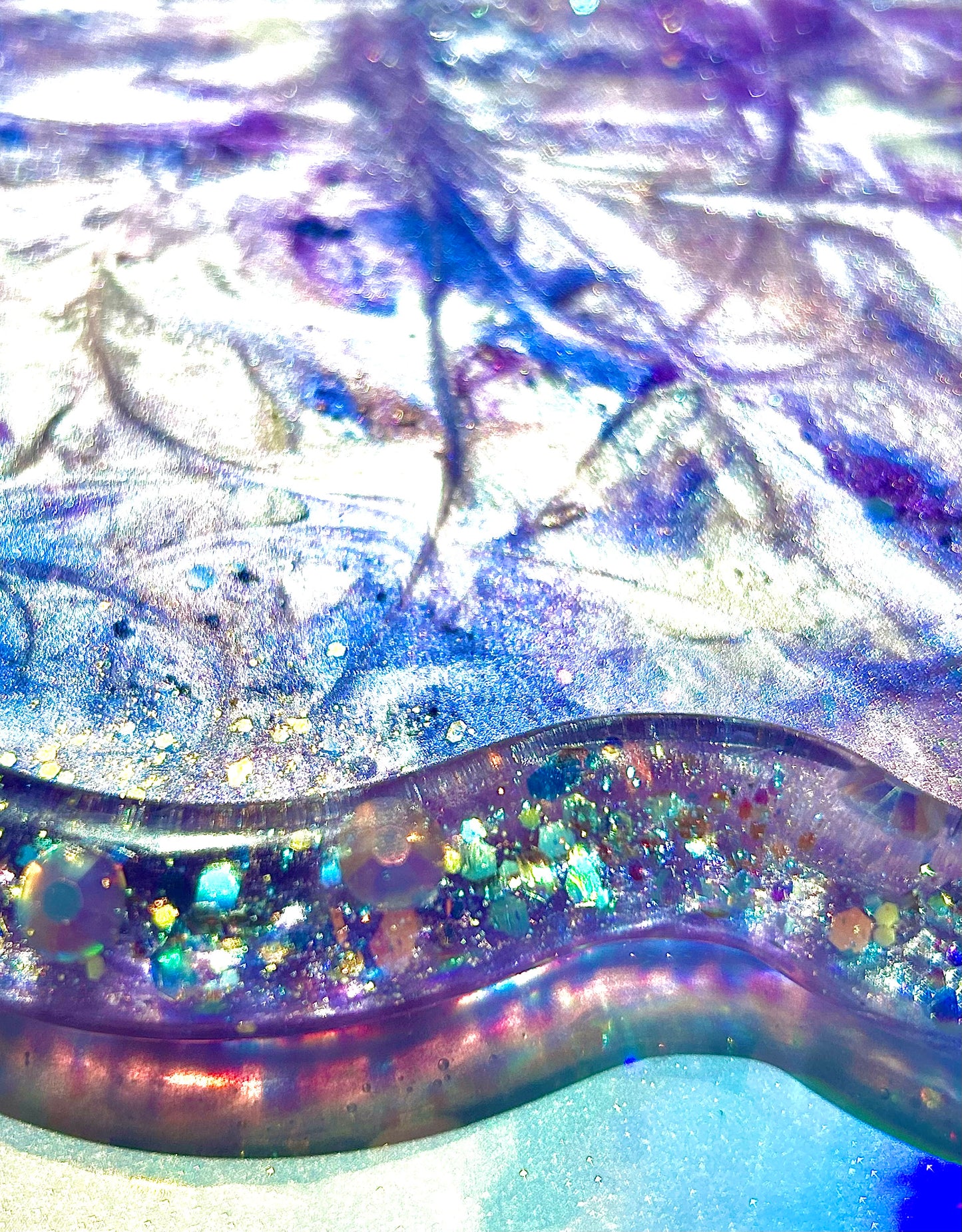 "Lavender Day Tray"  Pearlescent Lavender, Violet and Periwinkle Swirl, Rhinestone Glitter Cloud Resin Tray