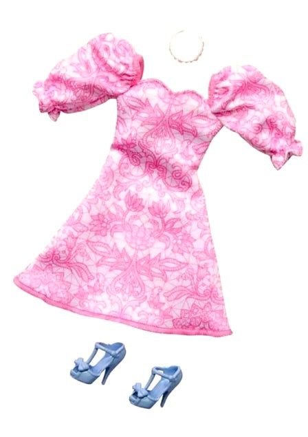 “Barbie™ Fashion Pack” Pink and White Floral Puffy Sleeve Dress and Periwinkle Heels