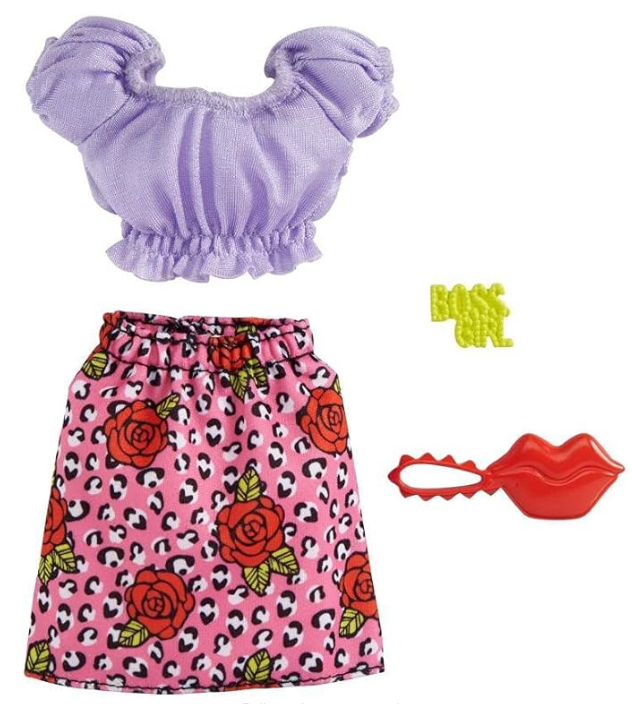 “Barbie™  Lilac Top with Pink Skirt & Accessories Fashion Pack”  Lilac Top with Pink Skirt , Red Lips Bag and Yellow "Boss Girl" Necklace/Accessory