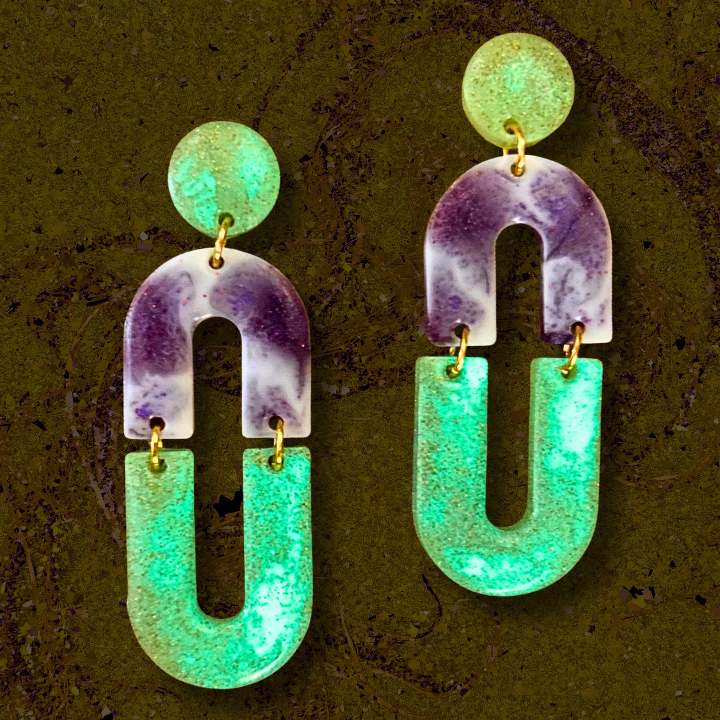 "Nothing But Compliments #2"  Glow-in-the-Dark Yellow Glitter and Marbled Violet Resin Earrings