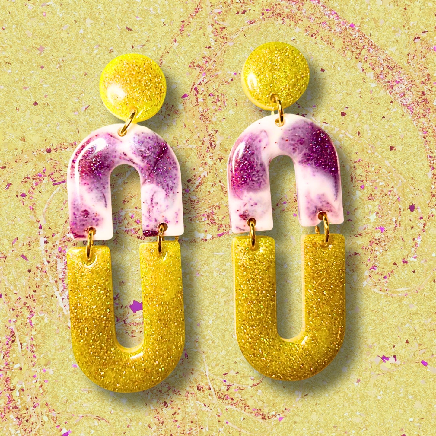 "Nothing But Compliments #2"  Glow-in-the-Dark Yellow Glitter and Marbled Violet Resin Earrings