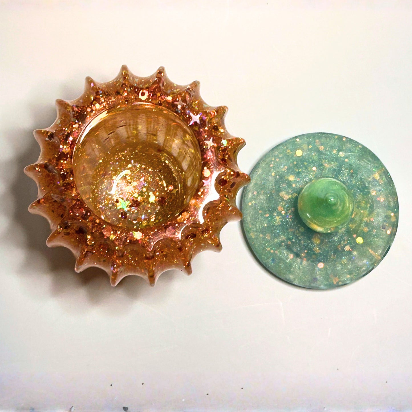 "Showbiz Jar"  Glittery/Sparkly, Orange/Aqua Resin Decorative Jar